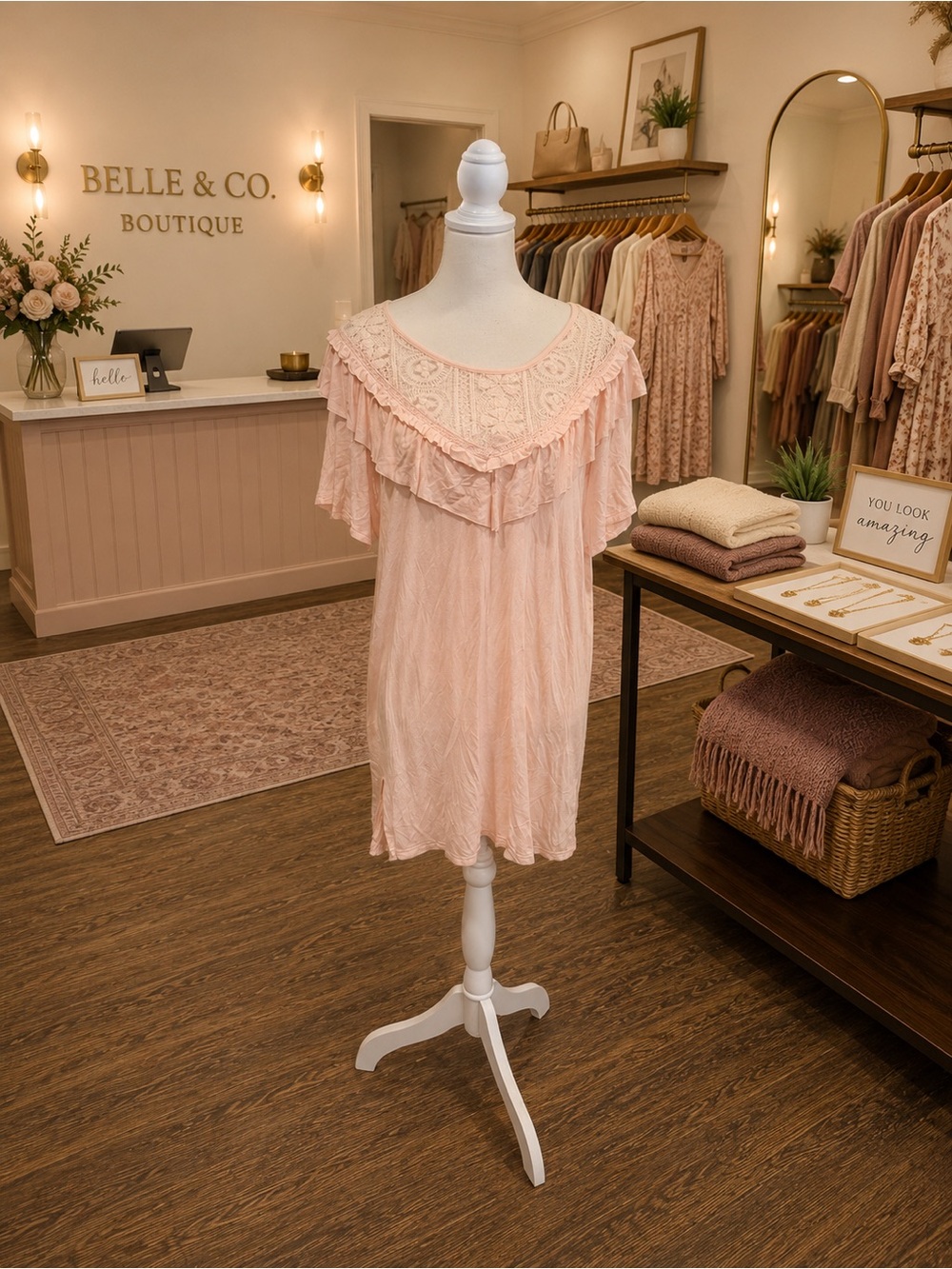 POL Peach Lace Ruffle Boho Tunic Top Women’s Small Stretch Side Slits Oversized